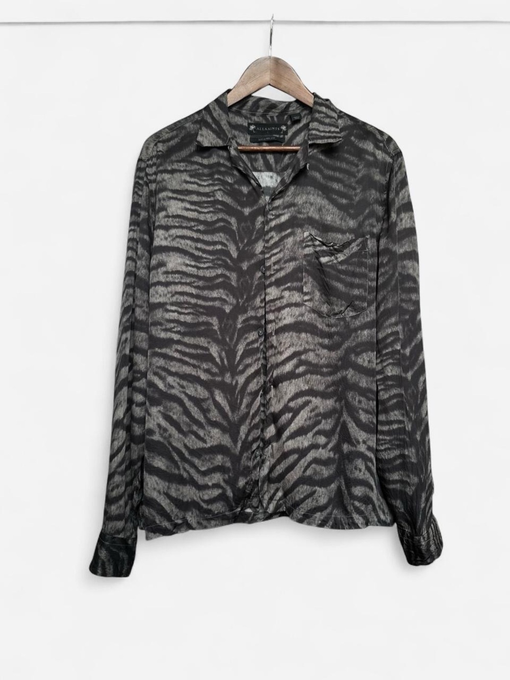 AllSaints Tigera LS Shirt Mens Large Grey Black Tiger Print Viscose Button Up